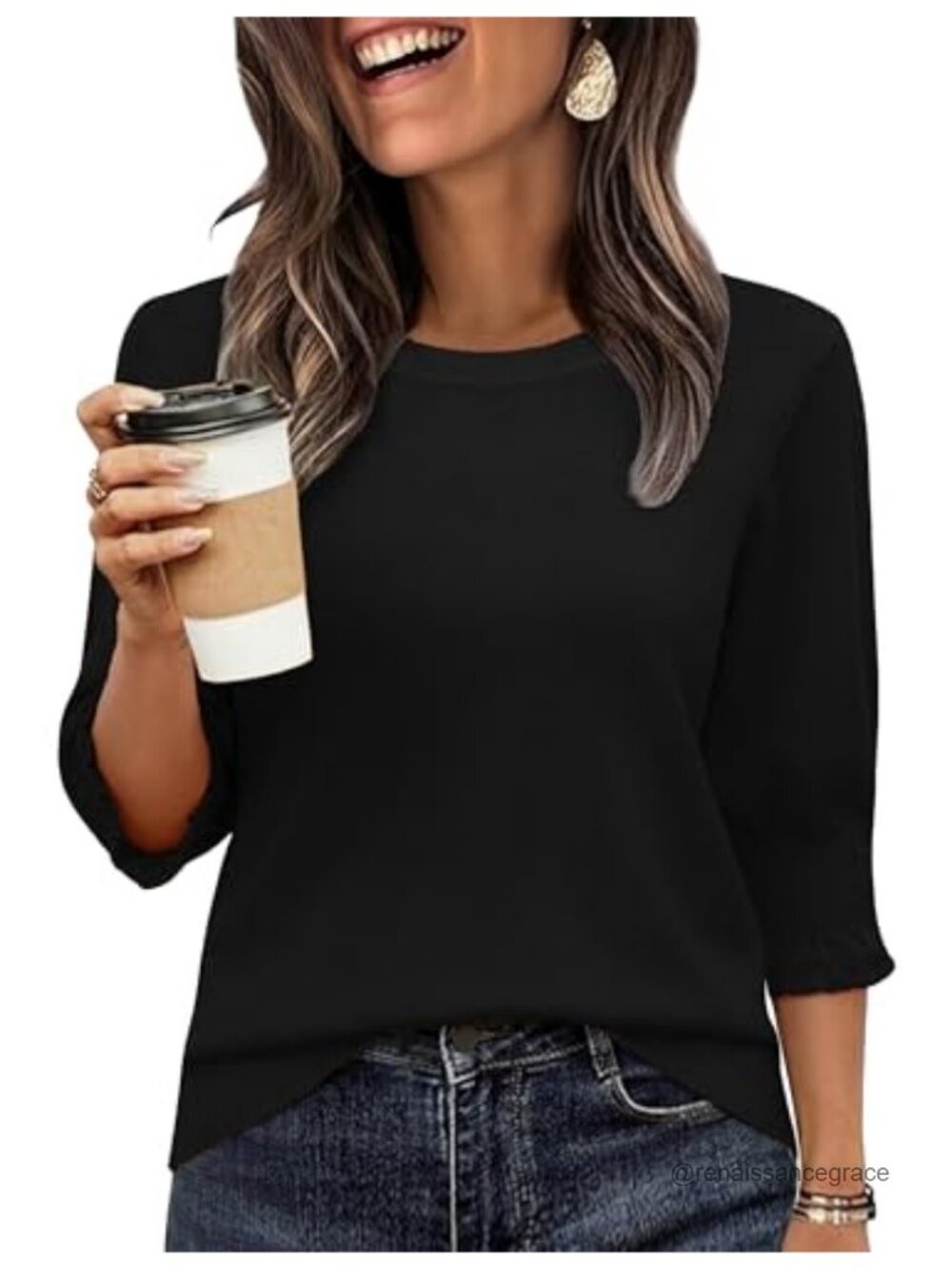 Women 3/4 Sleeve Sweater Crew Neck Lightweight Knit Pullover Top